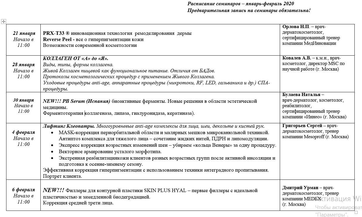 Расписание семинаров январе 2020