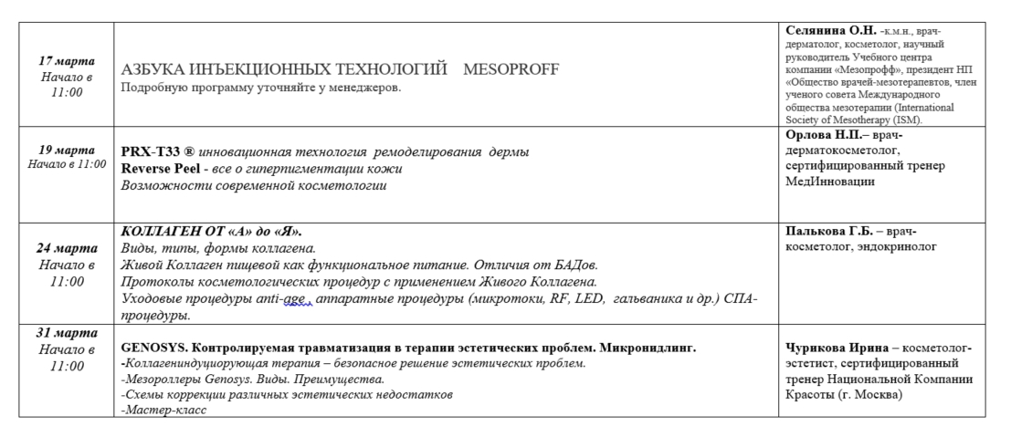 Расписание семинаров марте 2020